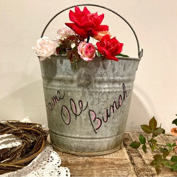 Old Galvanized Bucket with Distressed Finish Writing & Sticker 9” Tall - Picture 16 of 16